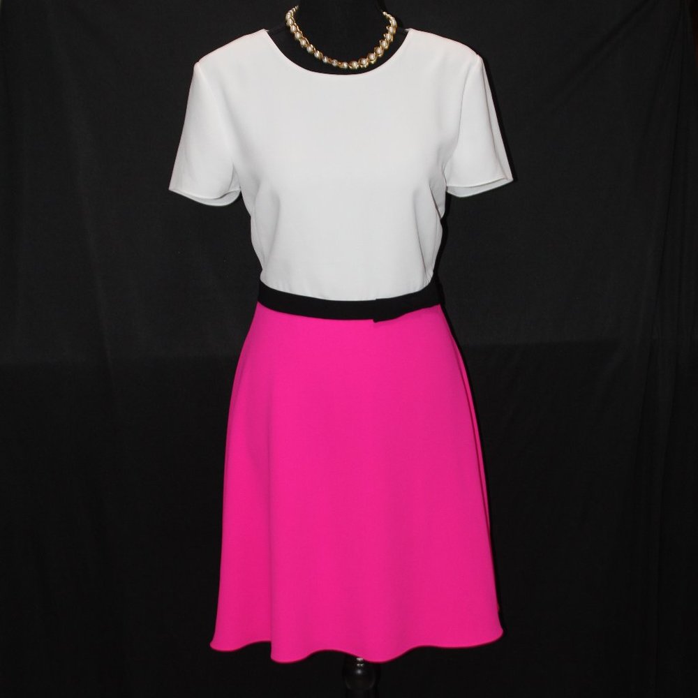CeCe White & Hot Pink Colorblock Midi Dress with Black Waistband
